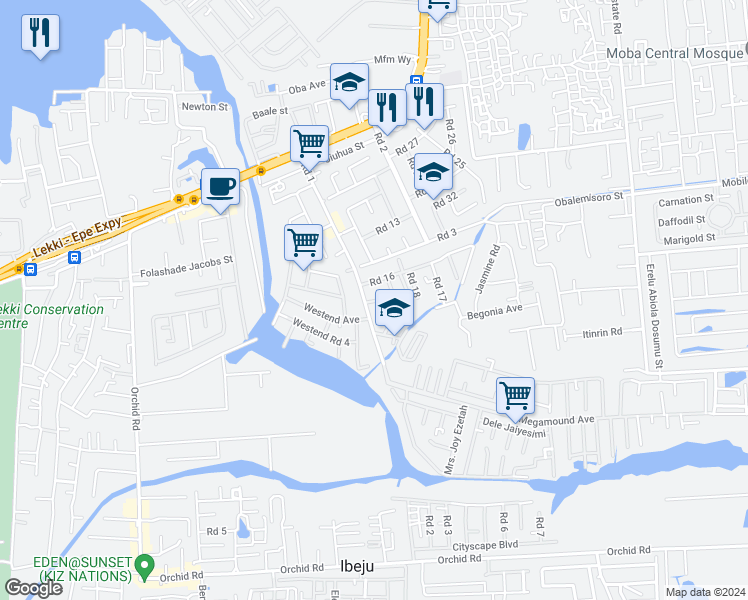 map of restaurants, bars, coffee shops, grocery stores, and more near Orchid Road in Lekki