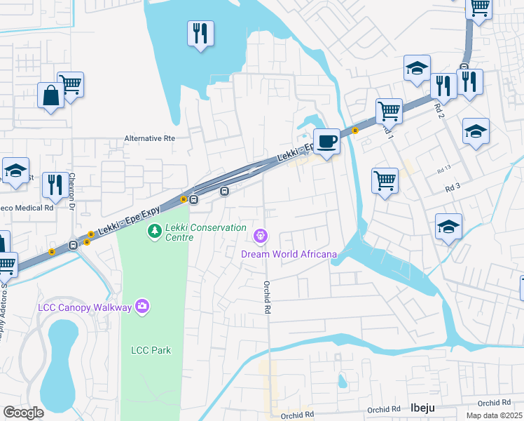 map of restaurants, bars, coffee shops, grocery stores, and more near 17 Orchid Road in Lagos