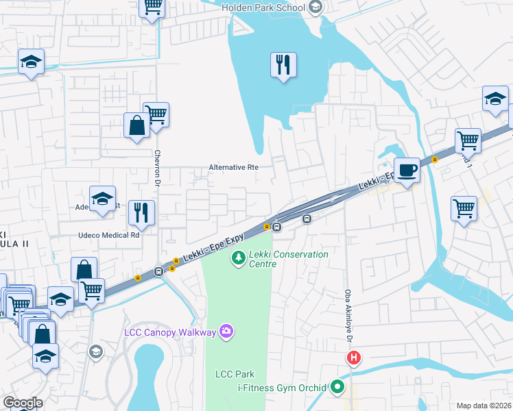 map of restaurants, bars, coffee shops, grocery stores, and more near Chevron Drive in Lekki