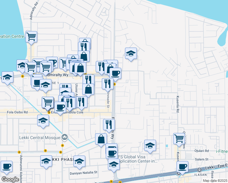 map of restaurants, bars, coffee shops, grocery stores, and more near Freedom Way in Lekki