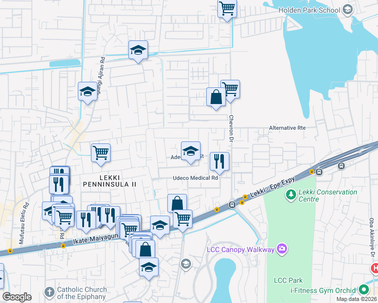 map of restaurants, bars, coffee shops, grocery stores, and more near James Anyaeche Avenue in Lekki