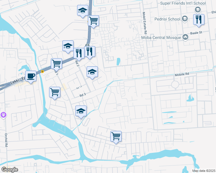 map of restaurants, bars, coffee shops, grocery stores, and more near Jasmine Road in Lagos