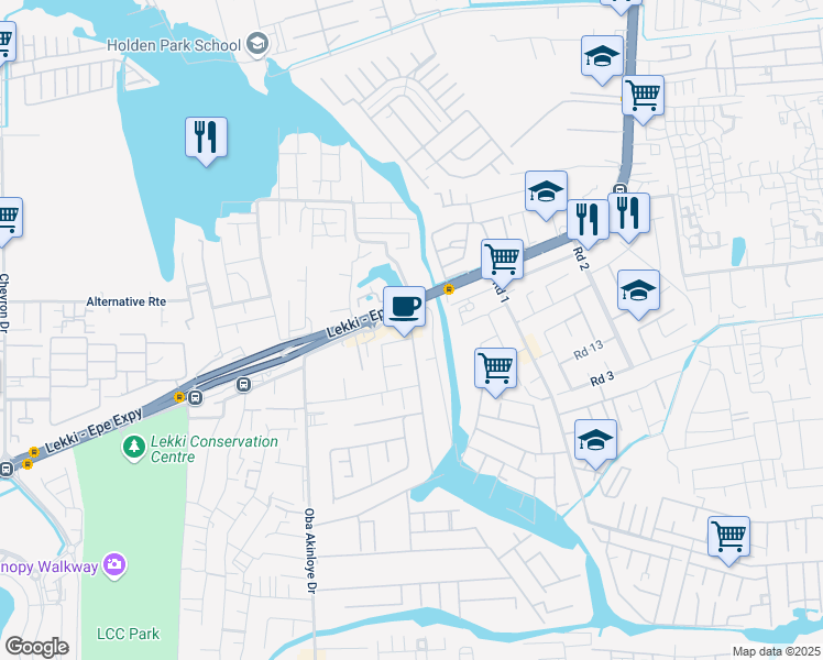 map of restaurants, bars, coffee shops, grocery stores, and more near Oluwatosin Adewuyi Street in Lagos