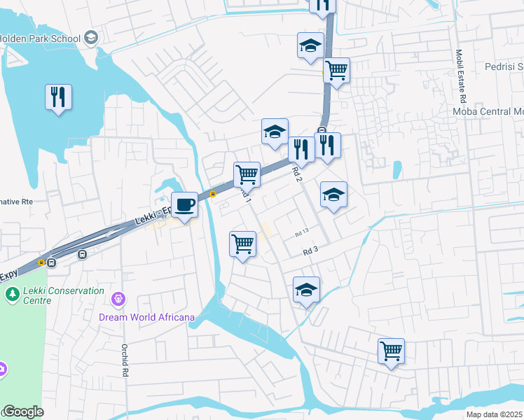 map of restaurants, bars, coffee shops, grocery stores, and more near Jasmine Road in Lagos