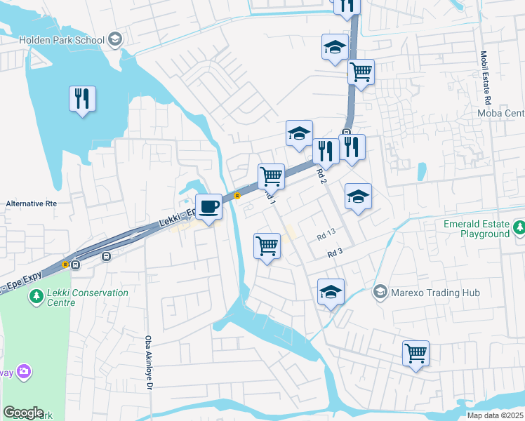 map of restaurants, bars, coffee shops, grocery stores, and more near 24 Road 4 in Lagos
