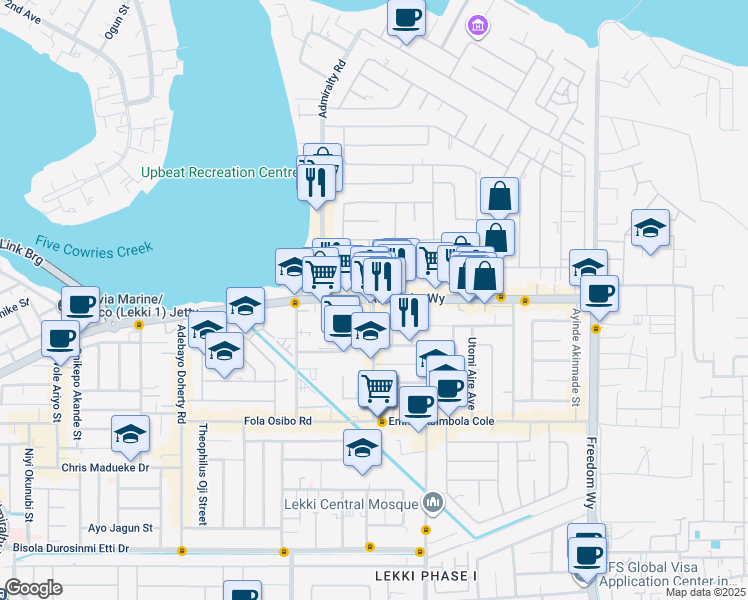 map of restaurants, bars, coffee shops, grocery stores, and more near in Lekki