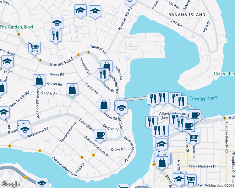 map of restaurants, bars, coffee shops, grocery stores, and more near Alexander Avenue in Lagos