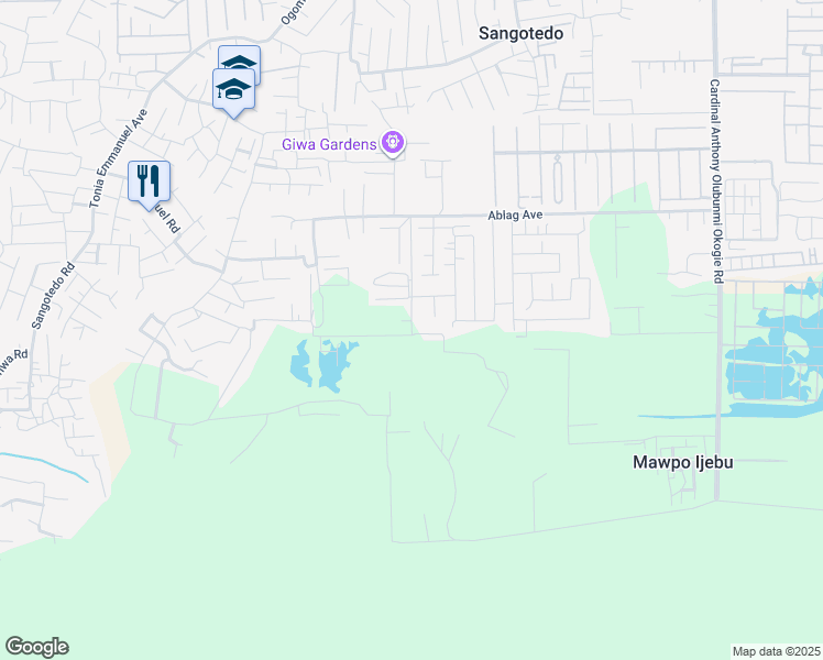 map of restaurants, bars, coffee shops, grocery stores, and more near Cardinal Anthony Olubunmi Okogie Road in Sangotedo