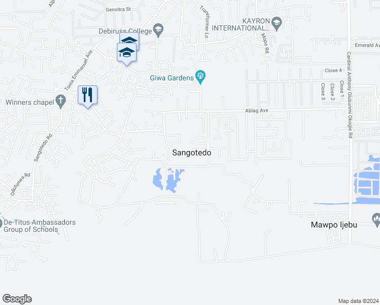 map of restaurants, bars, coffee shops, grocery stores, and more near Sangotedo Road in Lekki