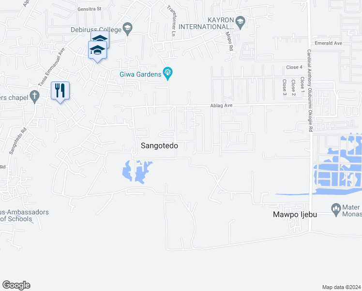 map of restaurants, bars, coffee shops, grocery stores, and more near Sangotedo Road in Lekki