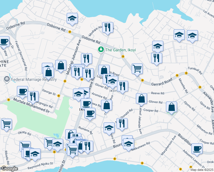 map of restaurants, bars, coffee shops, grocery stores, and more near 50 Glover Road in Lagos