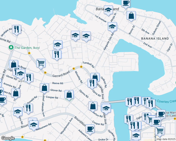 map of restaurants, bars, coffee shops, grocery stores, and more near Alexander Avenue in Lagos