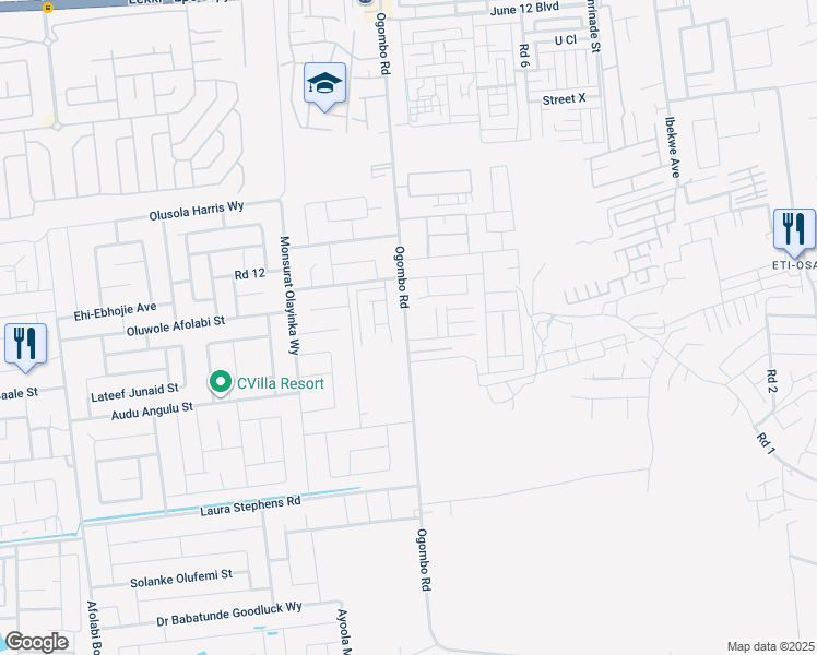 map of restaurants, bars, coffee shops, grocery stores, and more near 7 Ogombo Road in Lagos