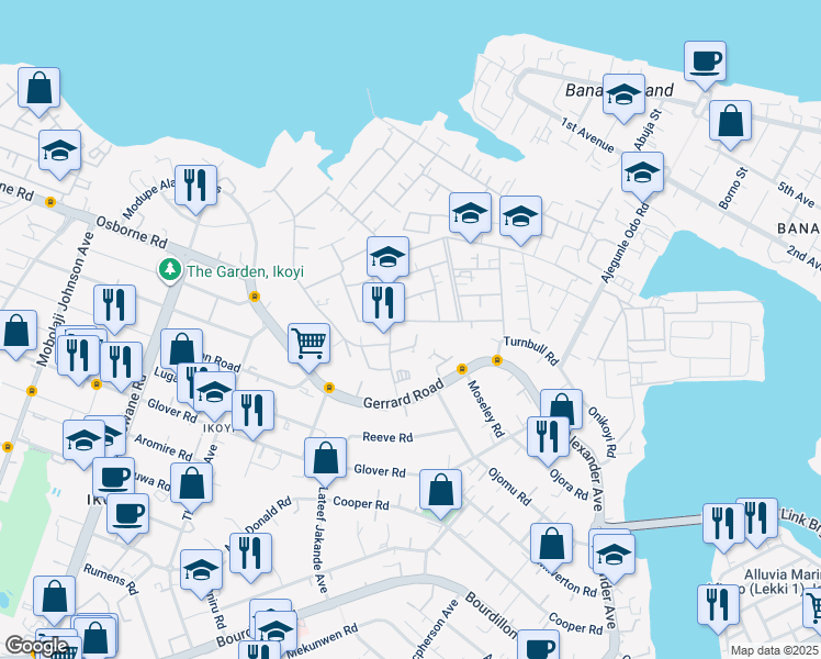 map of restaurants, bars, coffee shops, grocery stores, and more near 5 Aso Street in Lagos