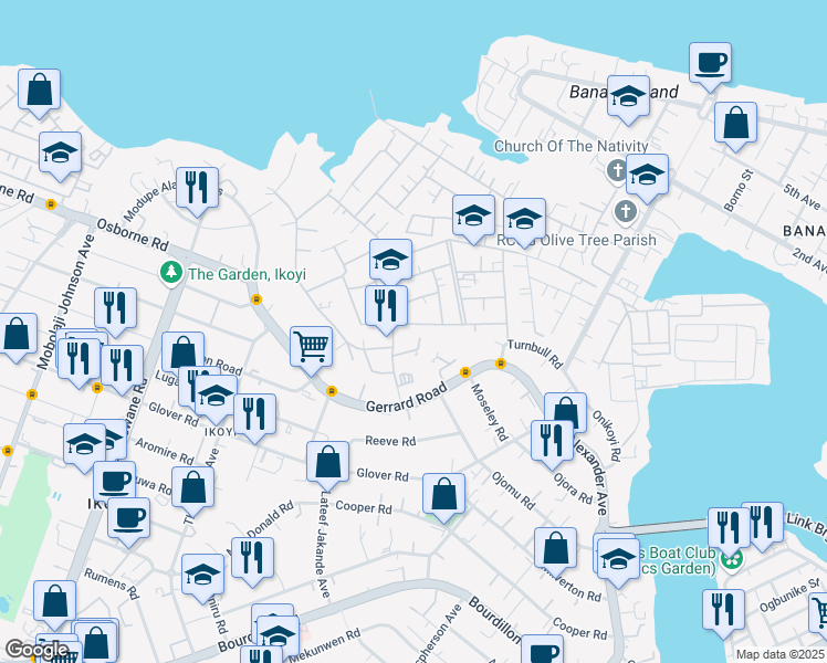 map of restaurants, bars, coffee shops, grocery stores, and more near 5 Aso Street in Lagos