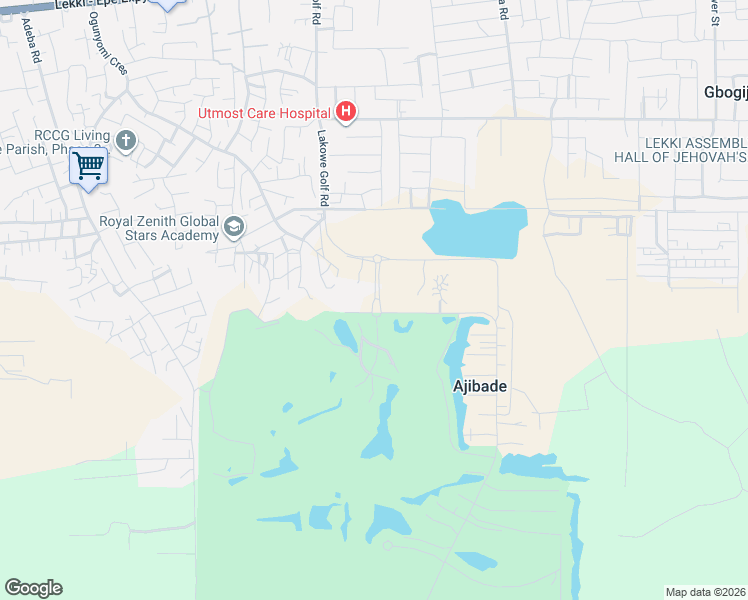 map of restaurants, bars, coffee shops, grocery stores, and more near Lakowe Golf Road in Ajibade