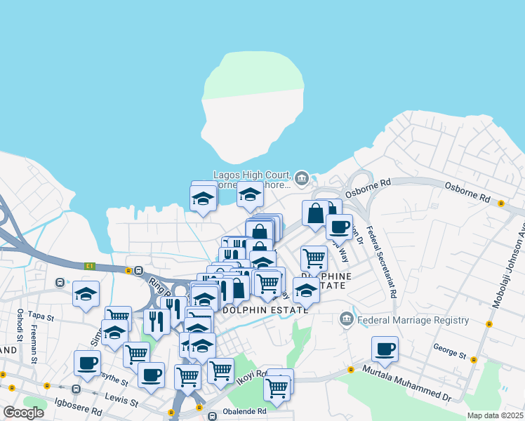 map of restaurants, bars, coffee shops, grocery stores, and more near Royal Palm Drive in Lagos