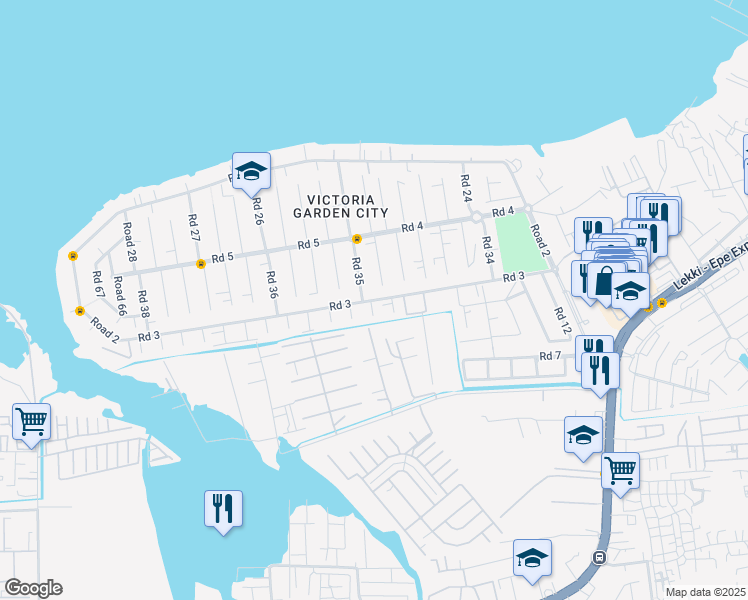 map of restaurants, bars, coffee shops, grocery stores, and more near Road 3 in Lekki