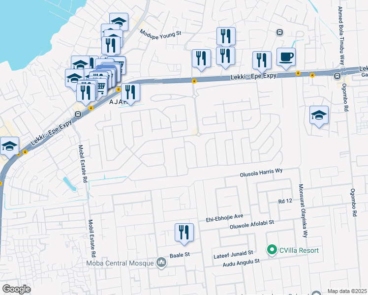 map of restaurants, bars, coffee shops, grocery stores, and more near in Lekki