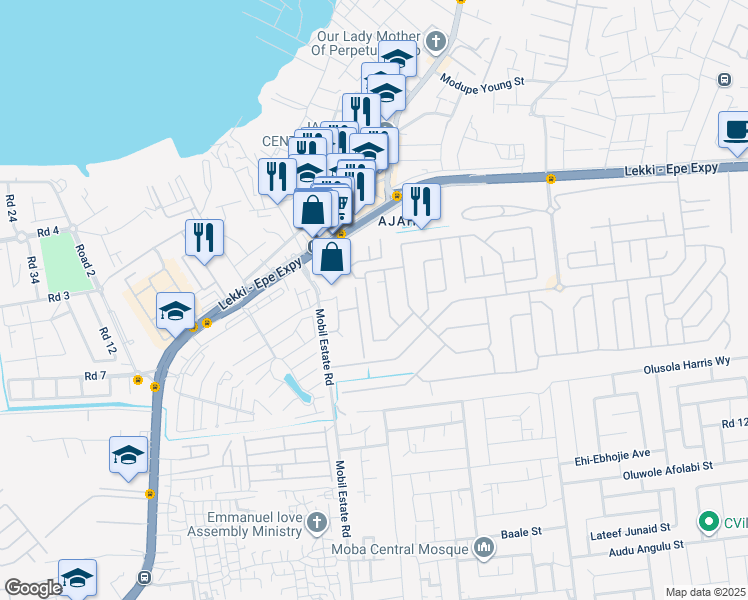 map of restaurants, bars, coffee shops, grocery stores, and more near C317B Olota Crescent in Lagos