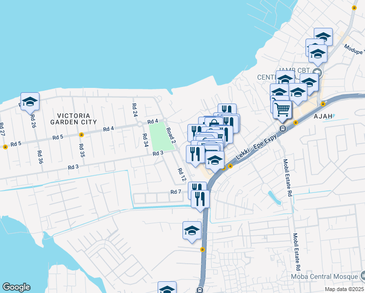 map of restaurants, bars, coffee shops, grocery stores, and more near in Lekki