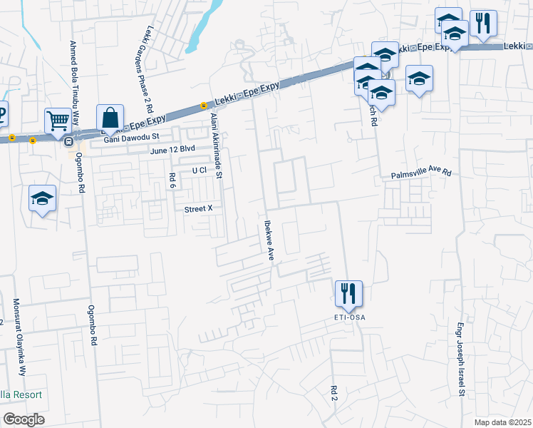 map of restaurants, bars, coffee shops, grocery stores, and more near Ibekwe Avenue in Lekki