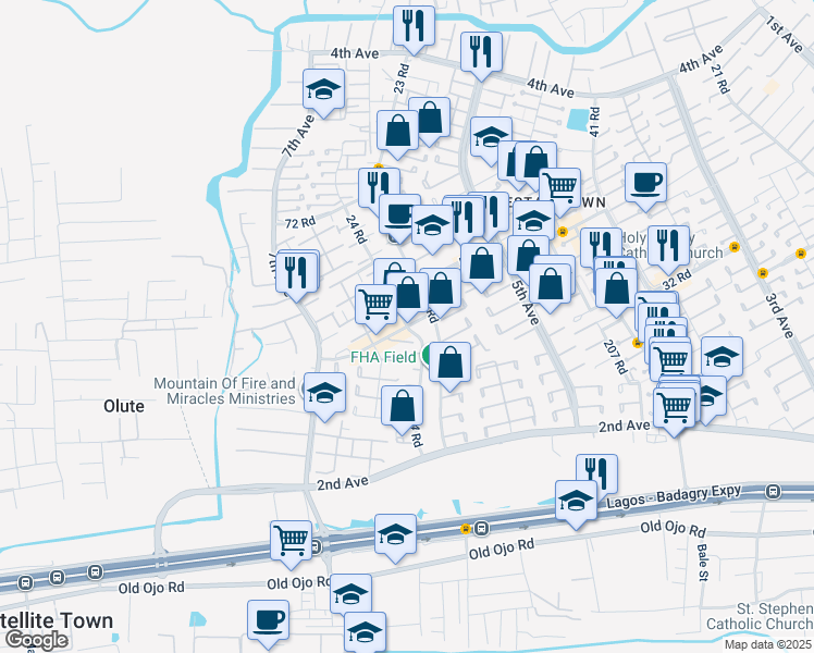 map of restaurants, bars, coffee shops, grocery stores, and more near 24 Road in Lagos