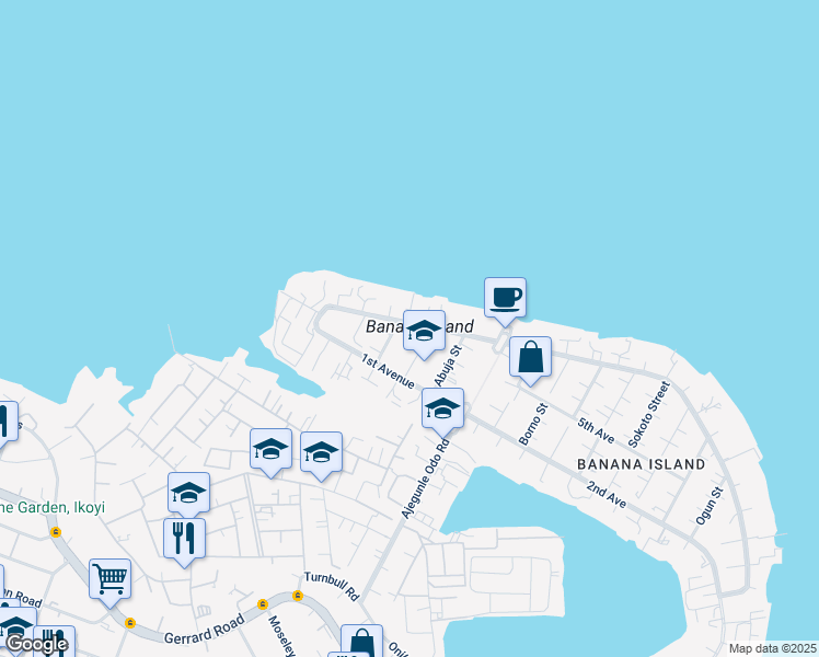 map of restaurants, bars, coffee shops, grocery stores, and more near Banana Island Road in Lagos