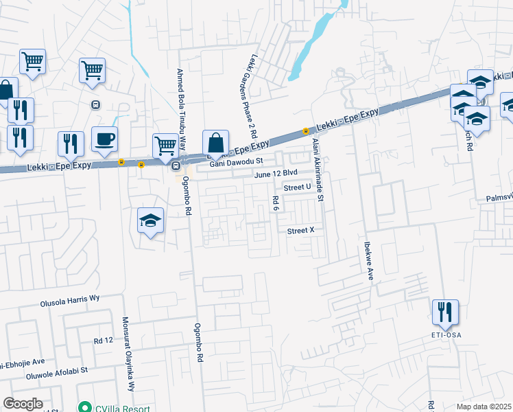 map of restaurants, bars, coffee shops, grocery stores, and more near 8 Road 5 in Lagos
