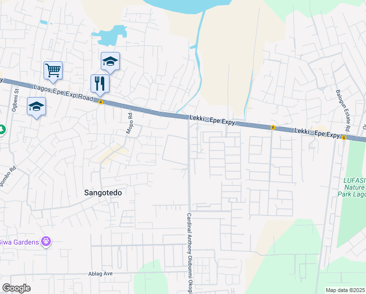 map of restaurants, bars, coffee shops, grocery stores, and more near Cardinal Anthony Olubunmi Okogie Road in Sangotedo