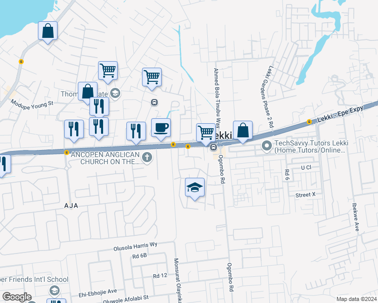 map of restaurants, bars, coffee shops, grocery stores, and more near Magnus Oyewole Close in Lagos