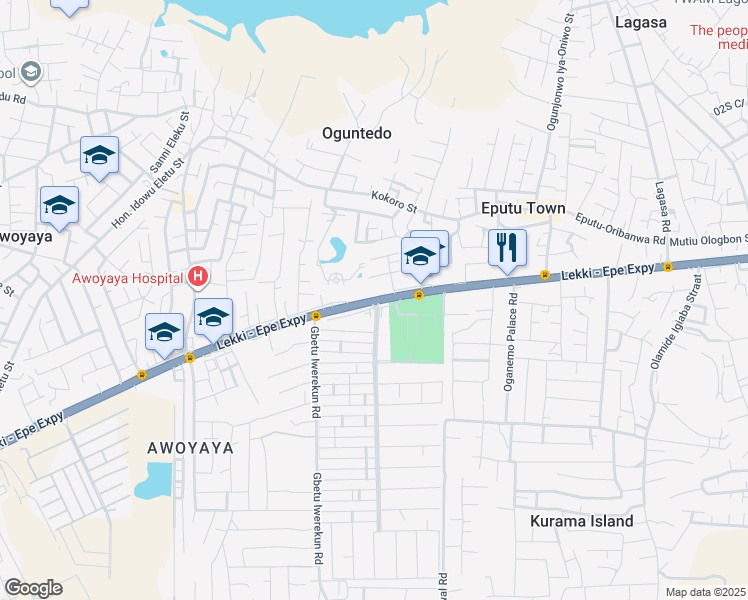 map of restaurants, bars, coffee shops, grocery stores, and more near Lekki-Epe Expressway in Lekki