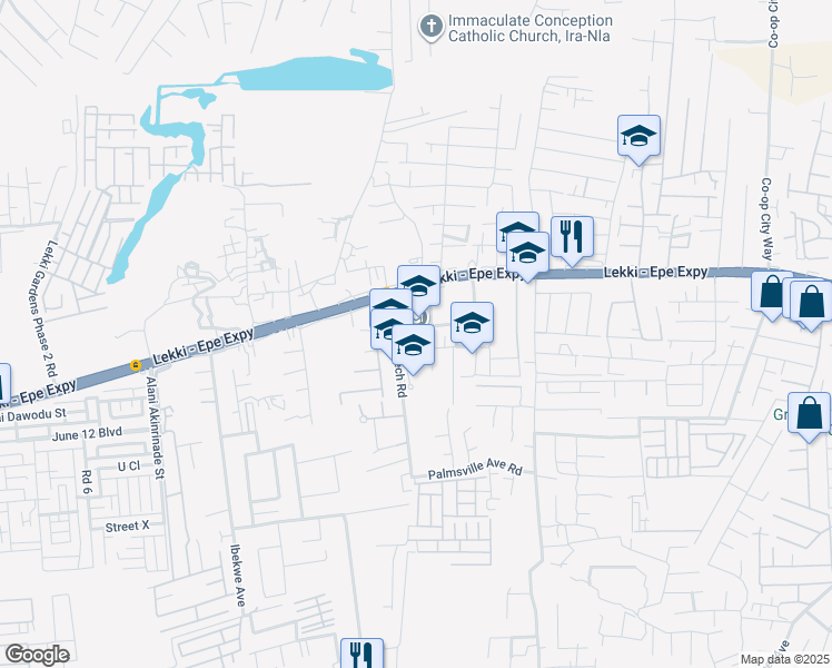 map of restaurants, bars, coffee shops, grocery stores, and more near Lekki - Epe Expressway in Lagos