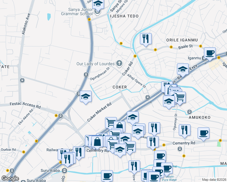 map of restaurants, bars, coffee shops, grocery stores, and more near Shekoni Street in Lagos
