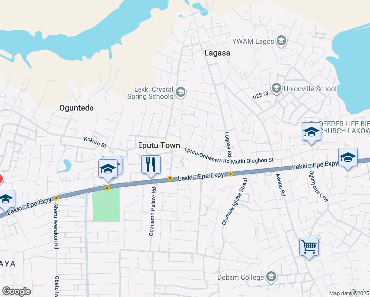 map of restaurants, bars, coffee shops, grocery stores, and more near Eputu-Oribanwa Road in Eputu Town