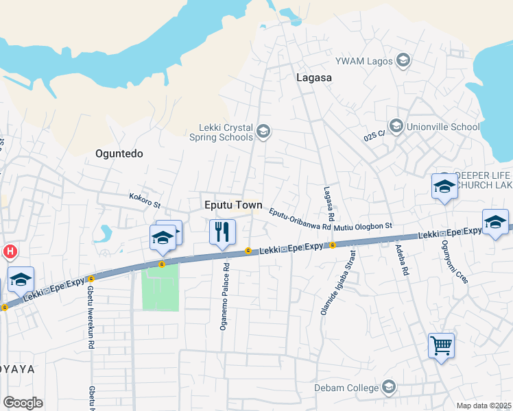 map of restaurants, bars, coffee shops, grocery stores, and more near Eputu-Oribanwa Road in Eputu Town