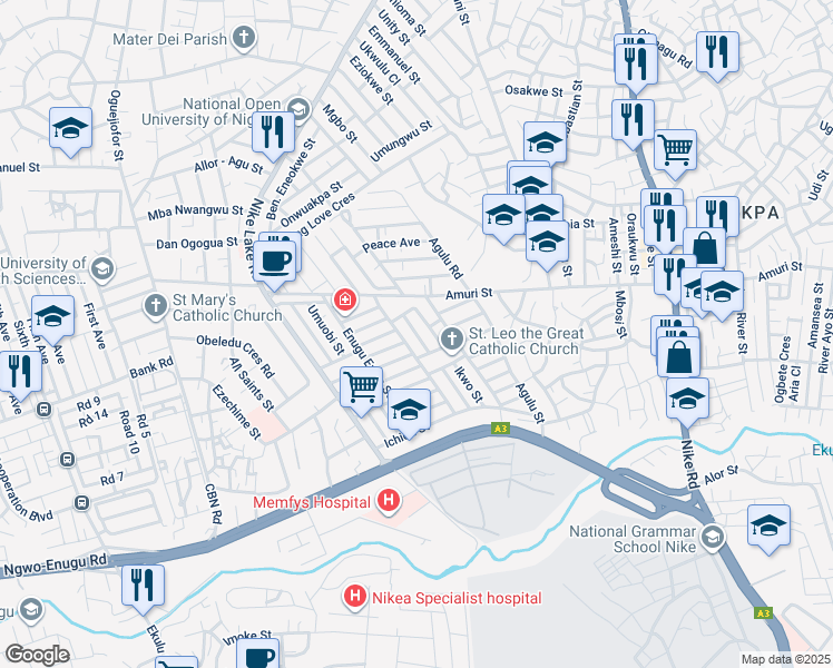 map of restaurants, bars, coffee shops, grocery stores, and more near Opi Street in Enugu