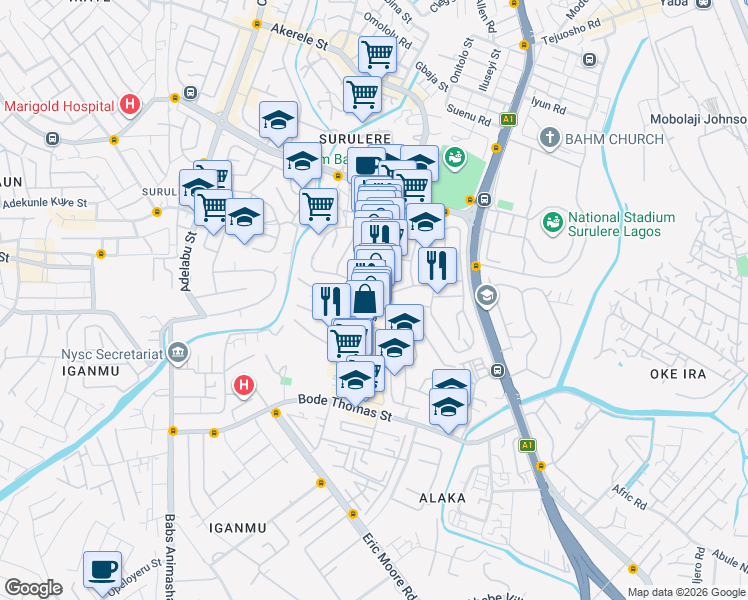 map of restaurants, bars, coffee shops, grocery stores, and more near Adeniran Ogunsanya Street in Lagos