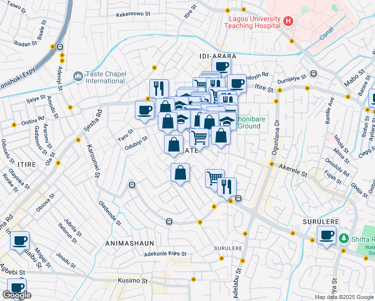 map of restaurants, bars, coffee shops, grocery stores, and more near in Lagos