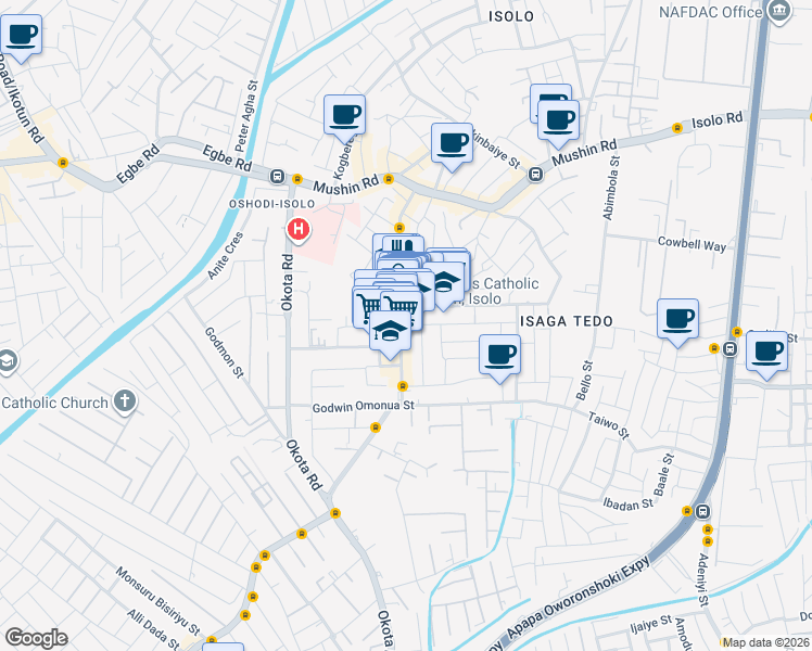 map of restaurants, bars, coffee shops, grocery stores, and more near Adagun Odo Street in Lagos