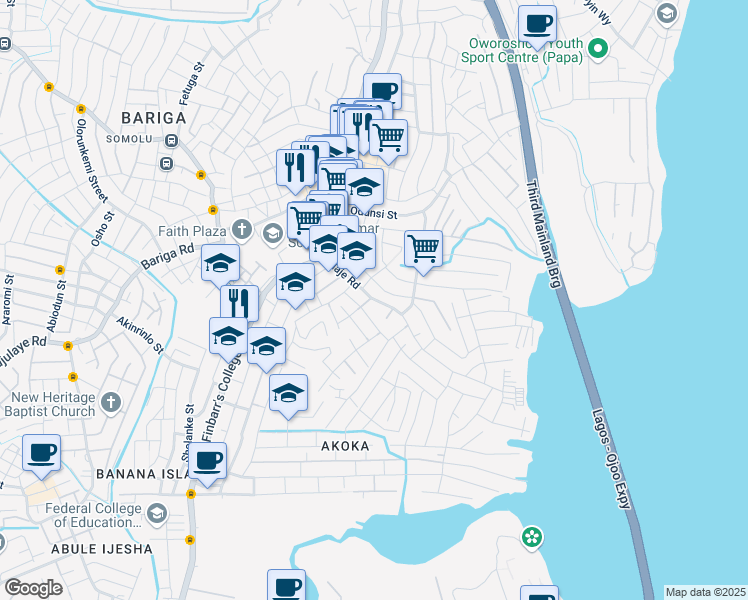 map of restaurants, bars, coffee shops, grocery stores, and more near Ilaje Road in Oworonshoki