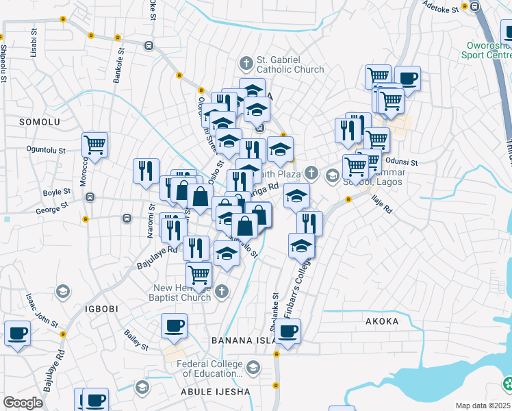 map of restaurants, bars, coffee shops, grocery stores, and more near 24 Bariga Road in Lagos