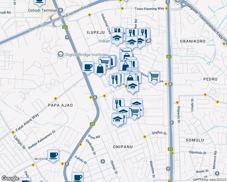 map of restaurants, bars, coffee shops, grocery stores, and more near Ilupeju Byepass in Lagos