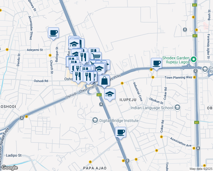 map of restaurants, bars, coffee shops, grocery stores, and more near Apapa Oworonshoki Expressway in Lagos