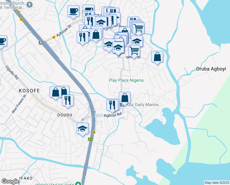map of restaurants, bars, coffee shops, grocery stores, and more near 6 Segun Oduwole Street in Lagos
