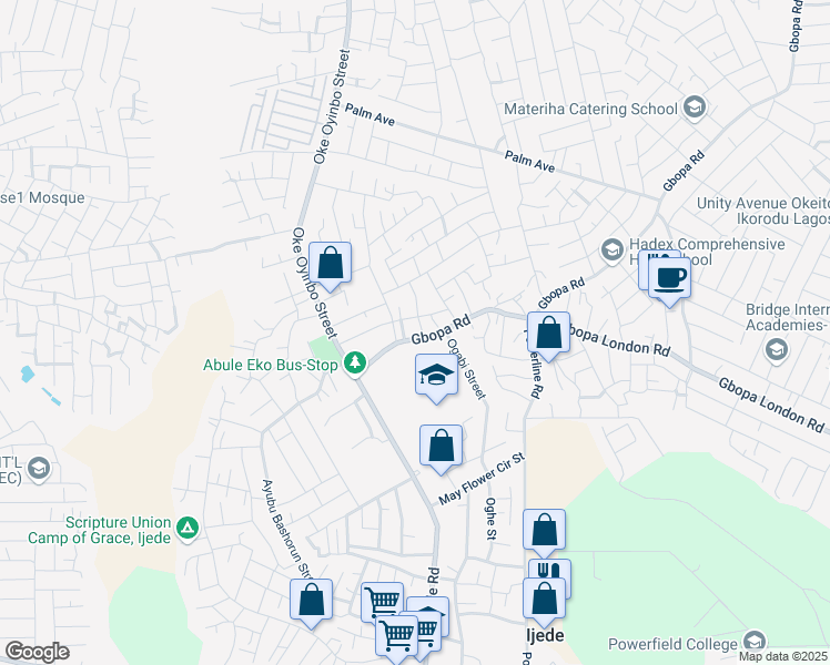 map of restaurants, bars, coffee shops, grocery stores, and more near 28 Gbopa Road in Ijede