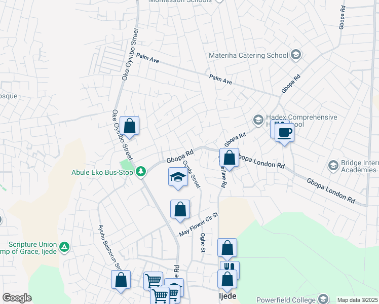 map of restaurants, bars, coffee shops, grocery stores, and more near 28 Gbopa Road in Ijede