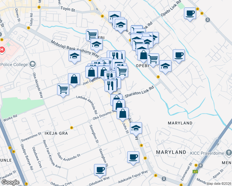 map of restaurants, bars, coffee shops, grocery stores, and more near 52-54 Isaac John Street in Lagos