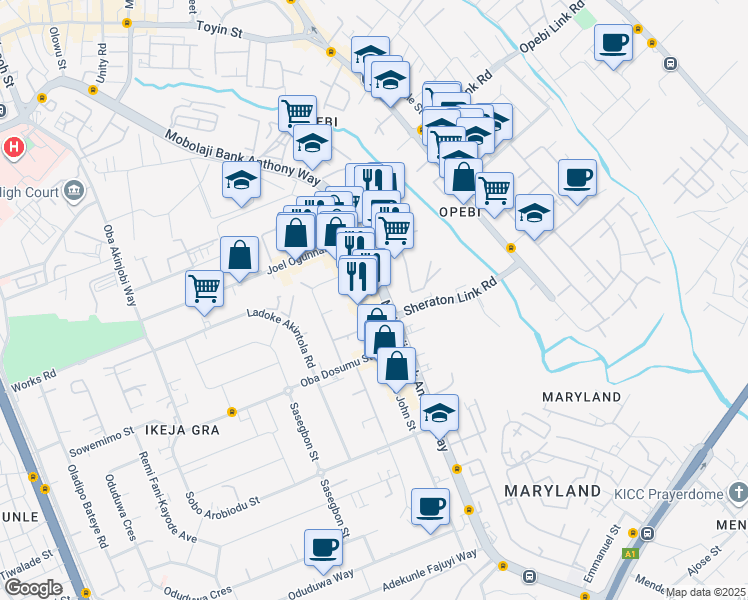 map of restaurants, bars, coffee shops, grocery stores, and more near 52-54 Isaac John Street in Lagos