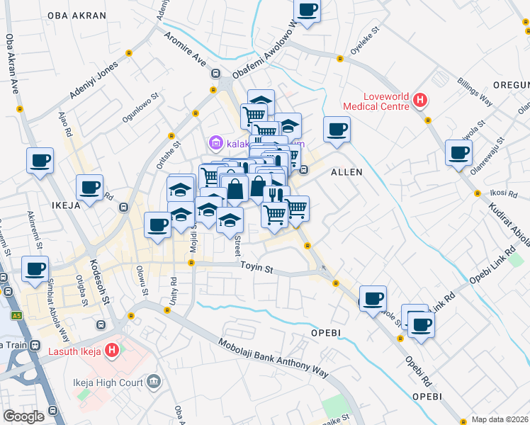map of restaurants, bars, coffee shops, grocery stores, and more near 20 Omotayo Ojo Street in Ikeja